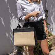 Capri Midi Black Luxe Vegan Leather And Raffia Tote Bag - Black - JLR London