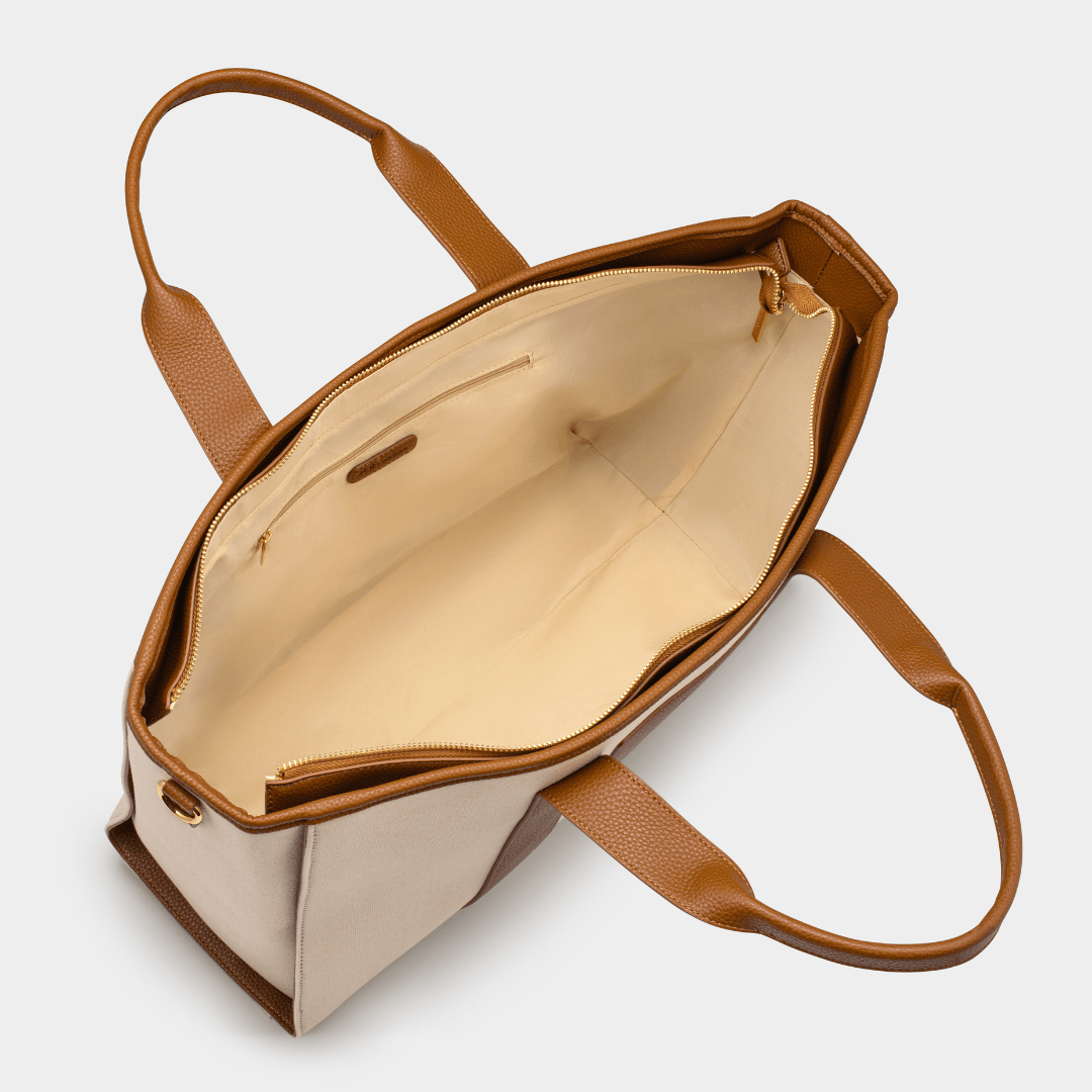 Santorini Maxi Tan Luxe Vegan Leather And Canvas Tote Bag - Tan - JLR London