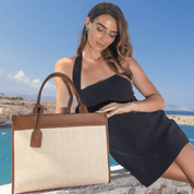 Capri Maxi Tan Luxe Vegan Leather and Raffia Tote Bag - Tan - JLR London