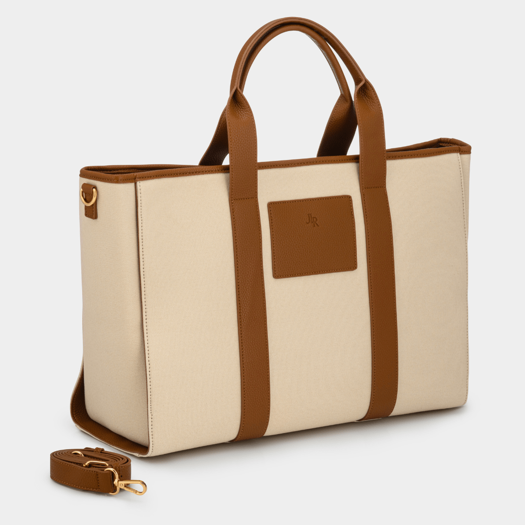 Santorini Maxi Tan Luxe Vegan Leather And Canvas Tote Bag - Tan - JLR London