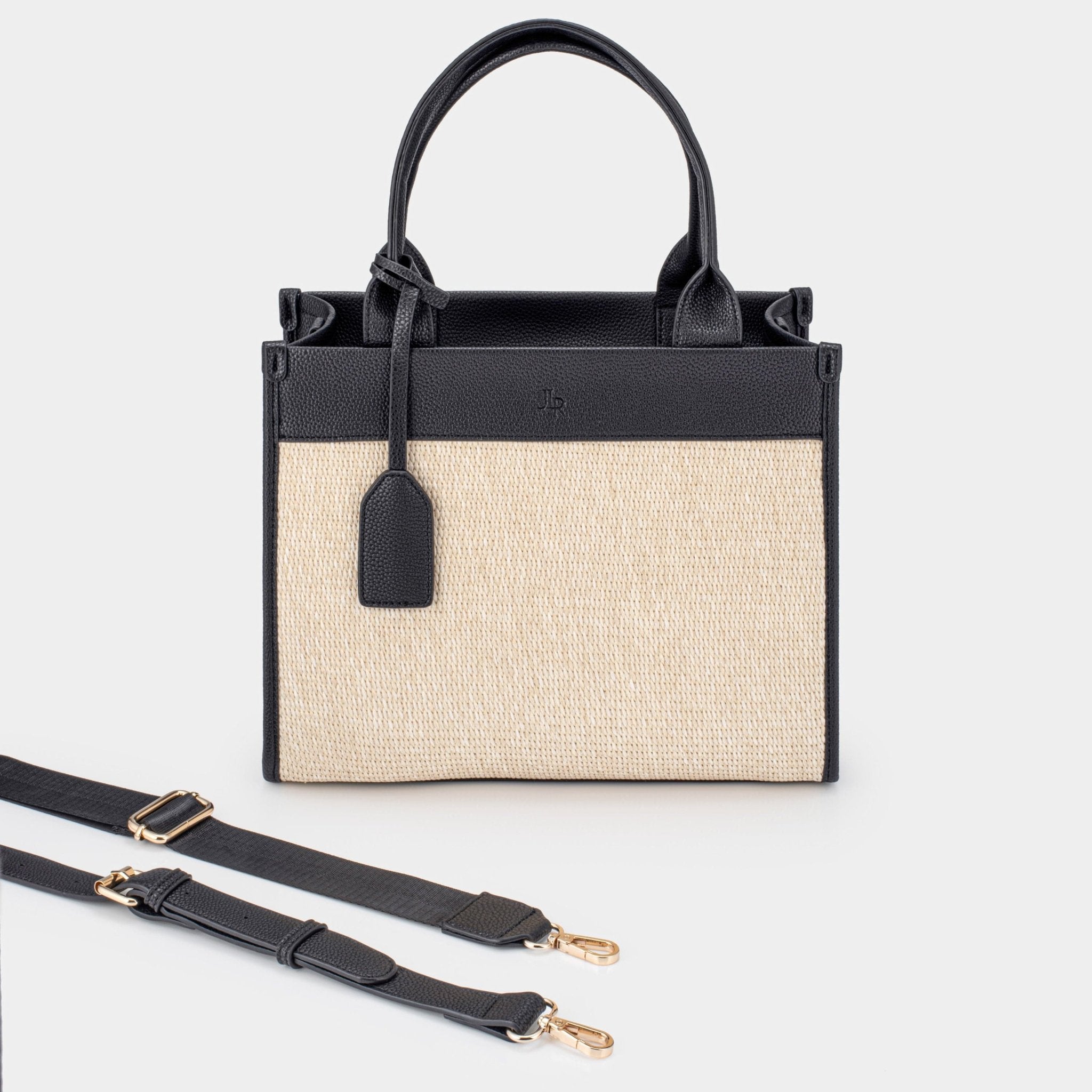 Capri Midi Black Luxe Vegan Leather And Raffia Tote Bag - Black - JLR London