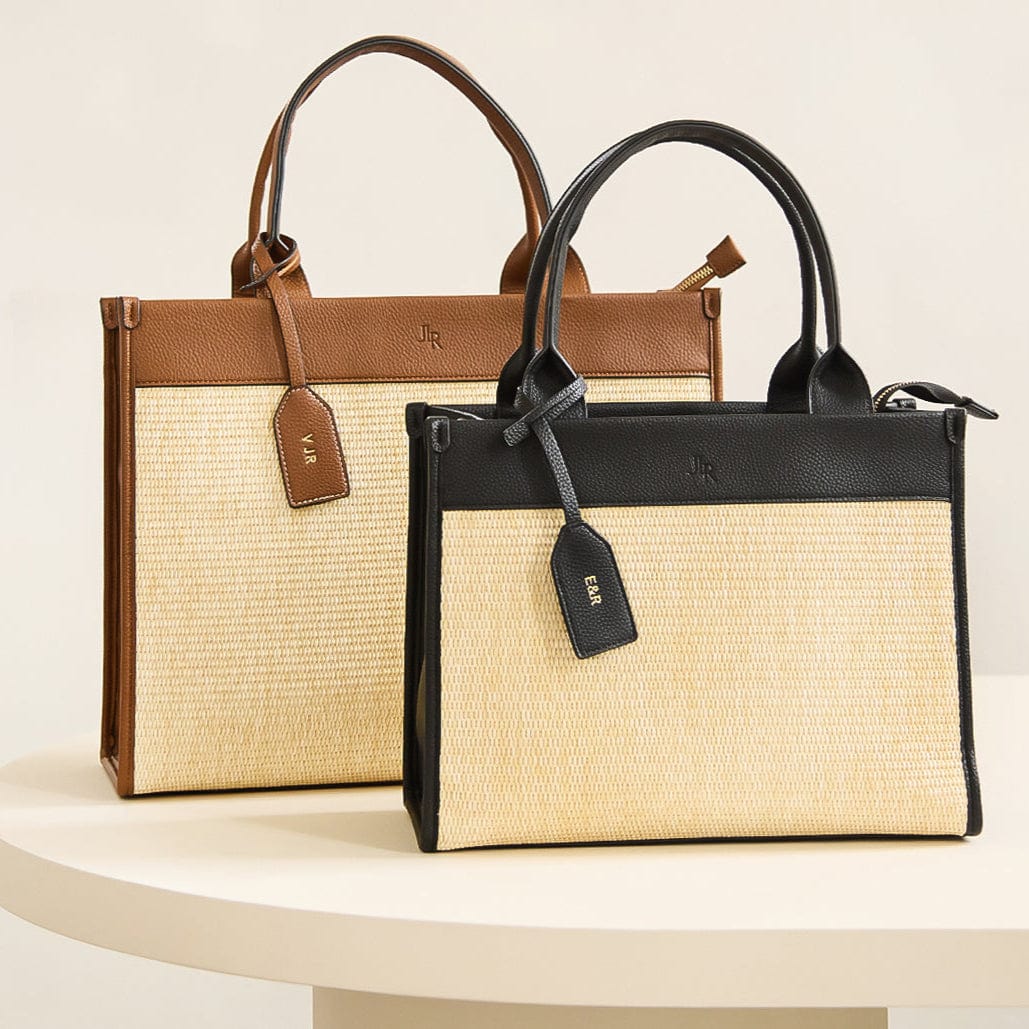Capri Maxi Tan Luxe Vegan Leather and Raffia Tote Bag - Tan - JLR London