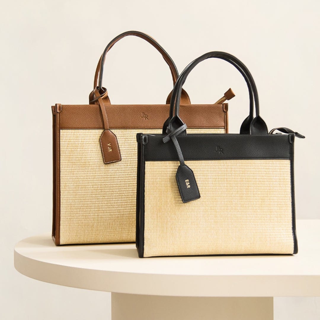 Capri Midi Black Luxe Vegan Leather And Raffia Tote Bag - Black - JLR London