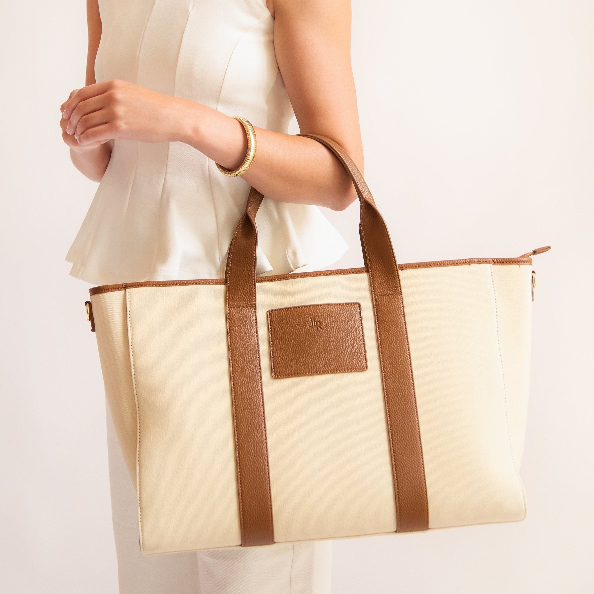 Santorini Maxi Tan Luxe Vegan Leather And Canvas Tote Bag - Tan - JLR London