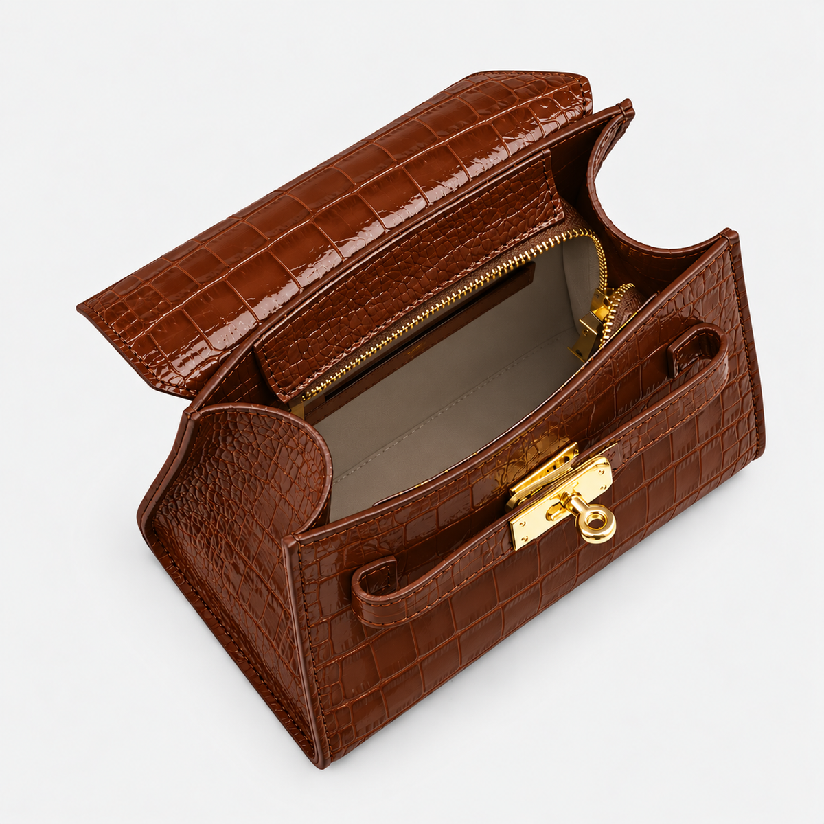 The Elena Top Handle Tote - Brown Croc Leather