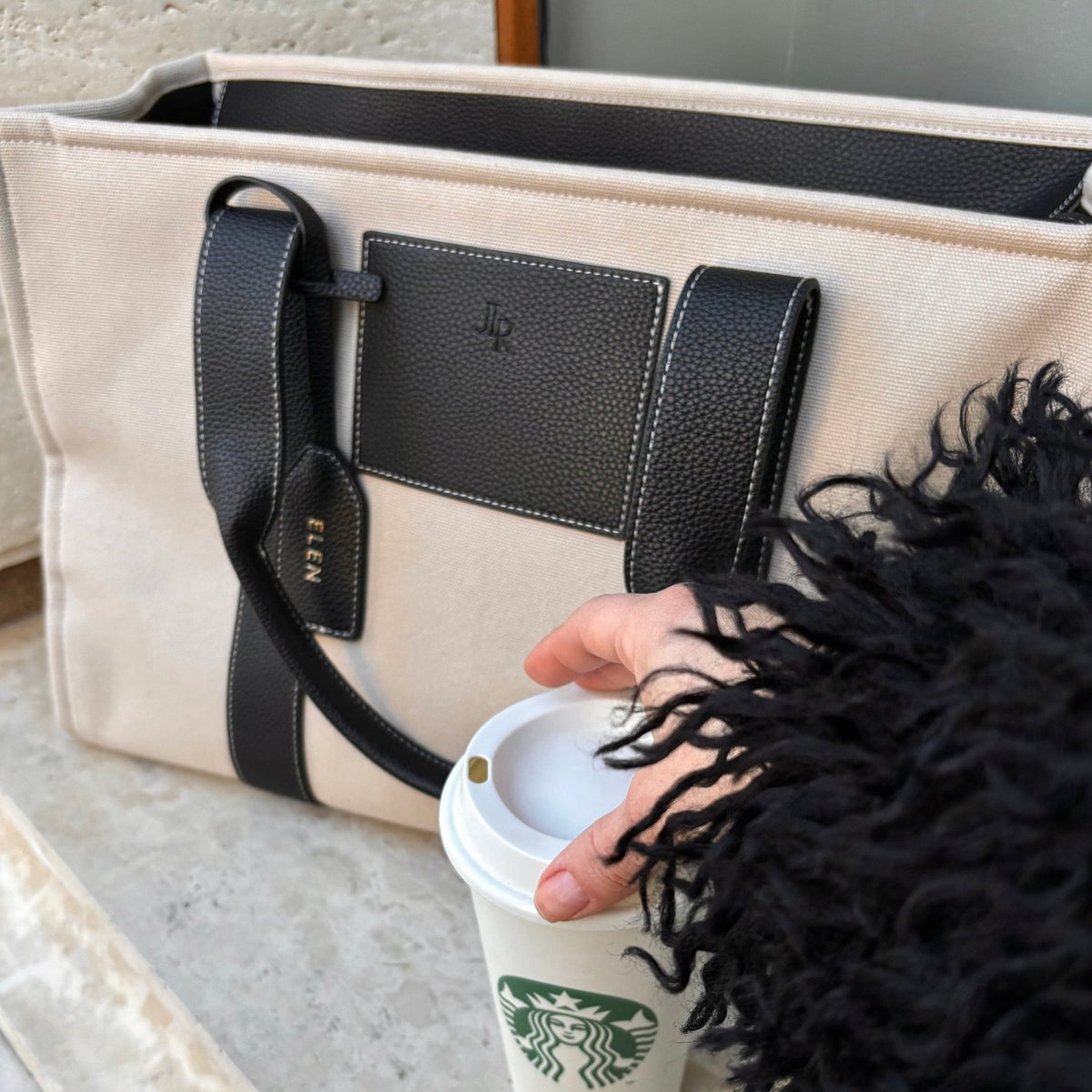 Porto Maxi Luxe Vegan Leather And Canvas Tote Bag - Black - JLR London