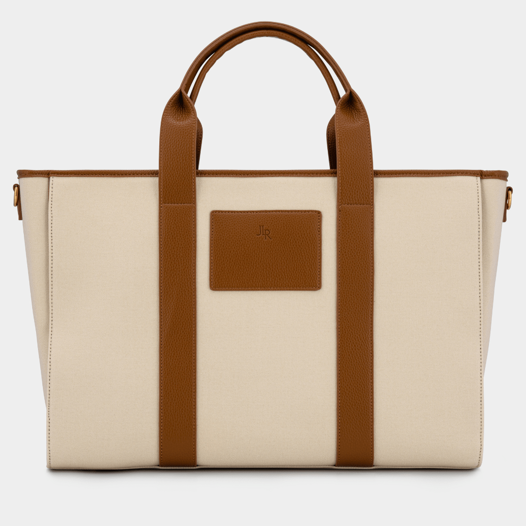 Santorini Maxi Tan Luxe Vegan Leather And Canvas Tote Bag - Tan - JLR London