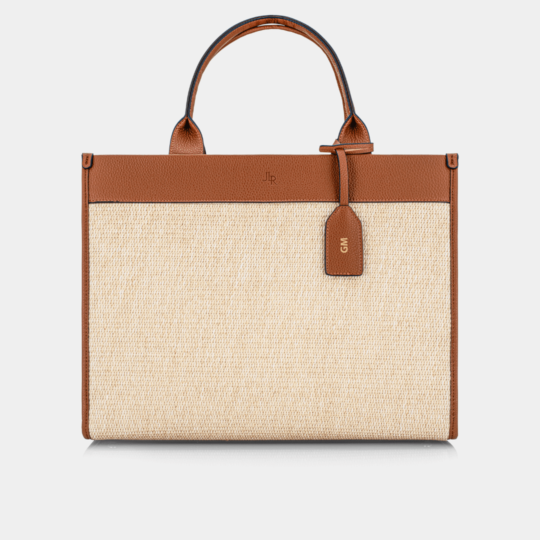 Capri Maxi Tan Luxe Vegan Leather and Raffia Tote Bag - Tan - JLR London