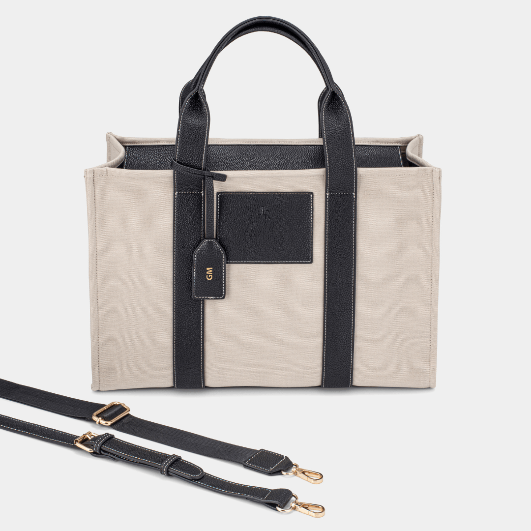 Porto Maxi Black luxe vegan leather and canvas tote bag