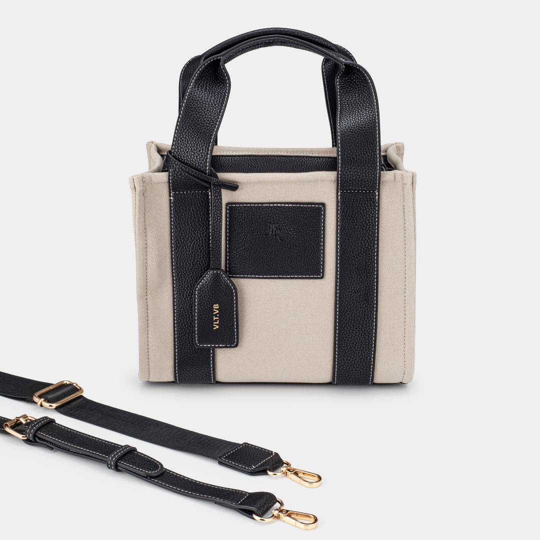 Porto Midi Black luxe vegan leather and canvas tote bag