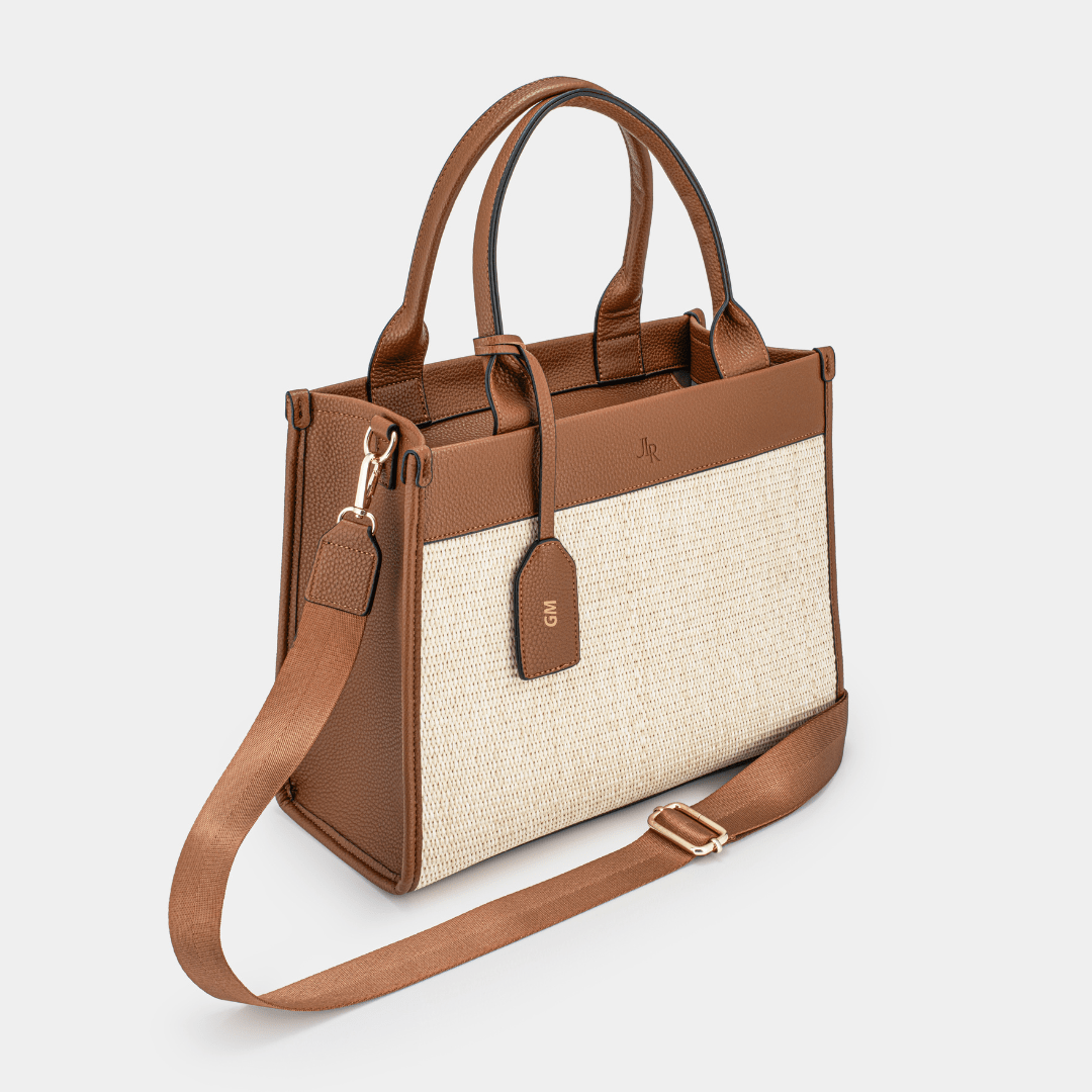 Capri Midi Tan luxe vegan leather and raffia tote bag