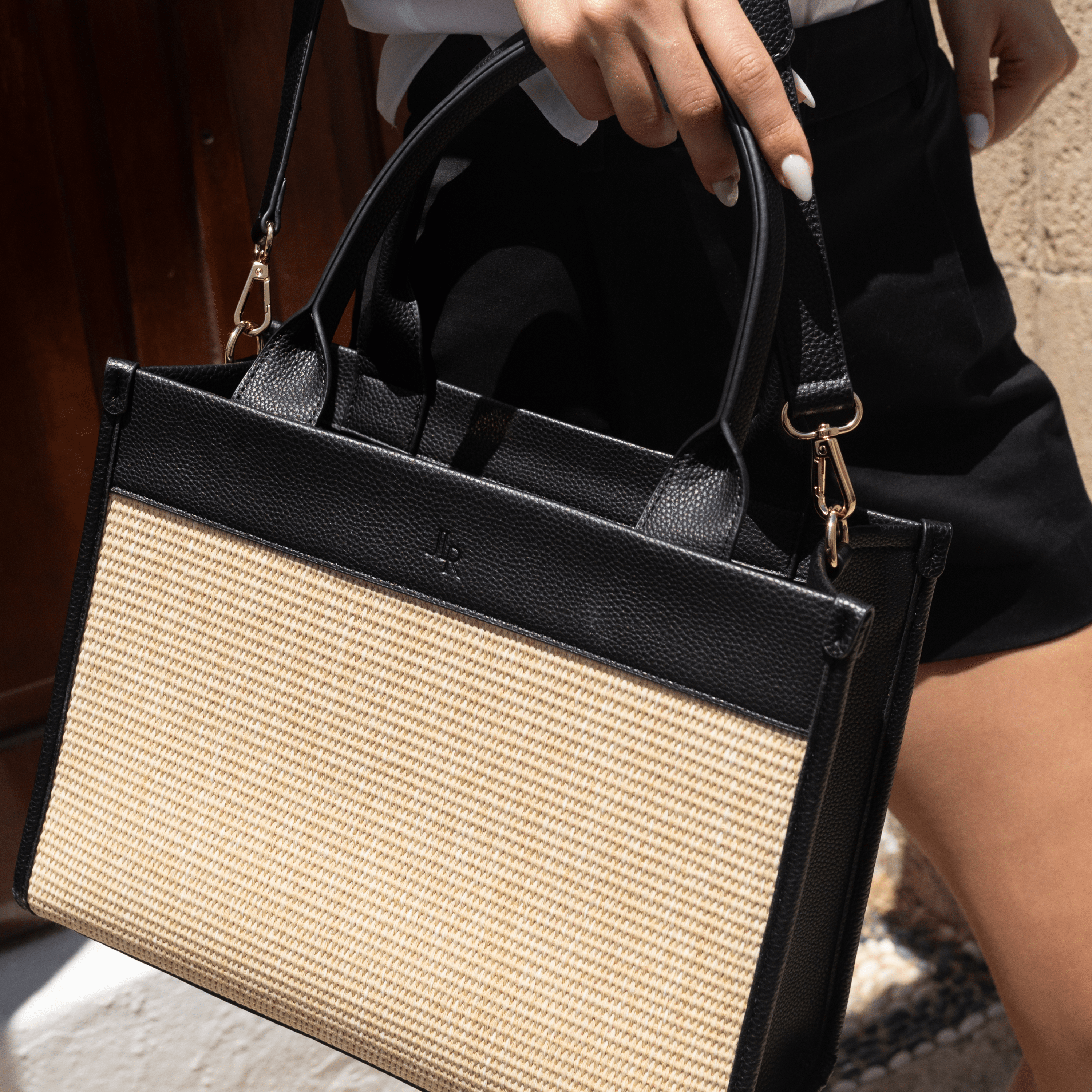 Capri Midi Black Luxe vegan leather and raffia tote bag