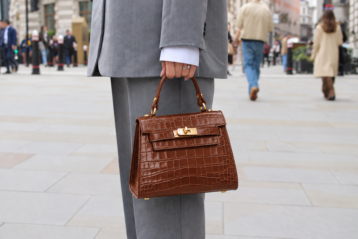 The Elena Top Handle Tote - Brown Croc Leather