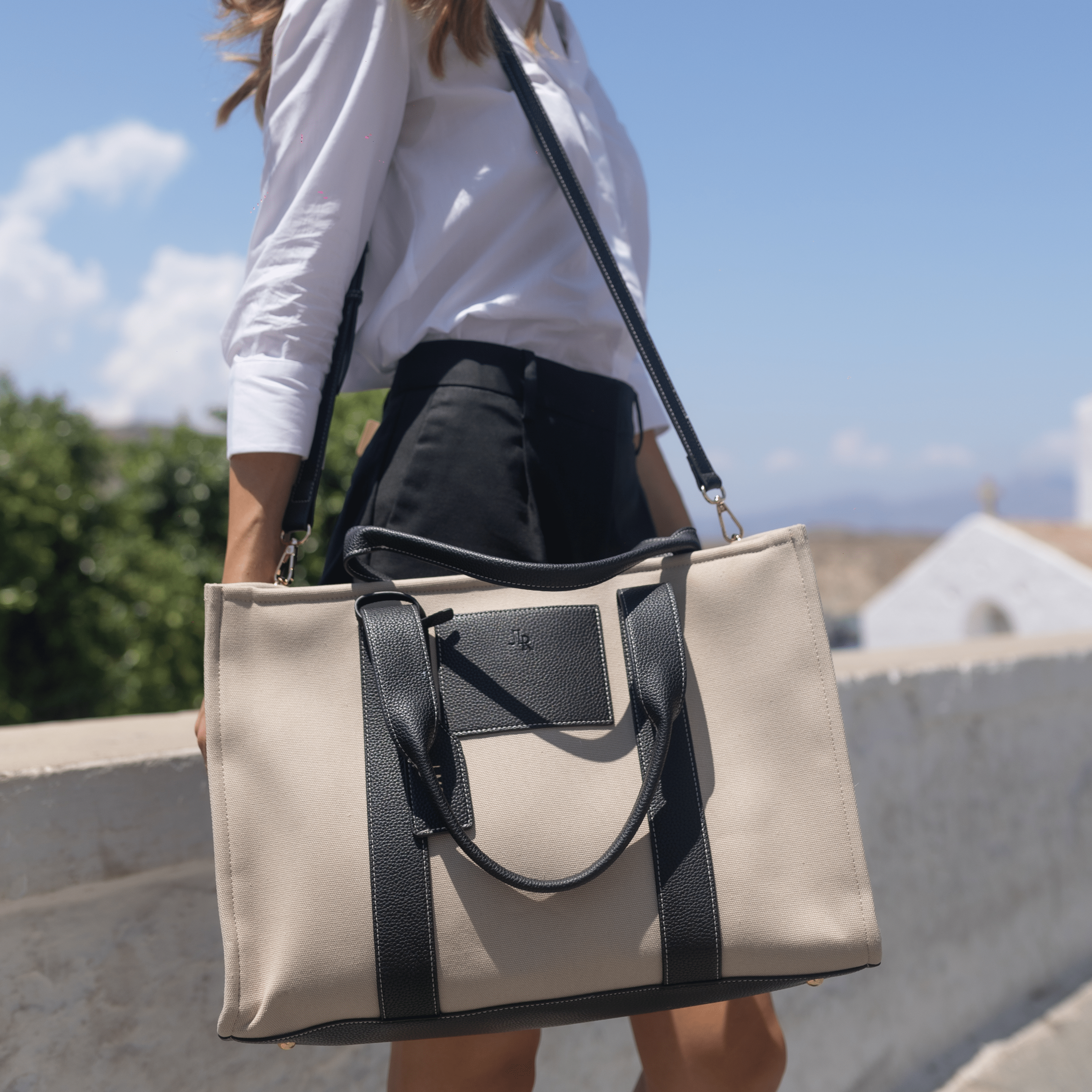 Porto Maxi Black luxe vegan leather and canvas tote bag