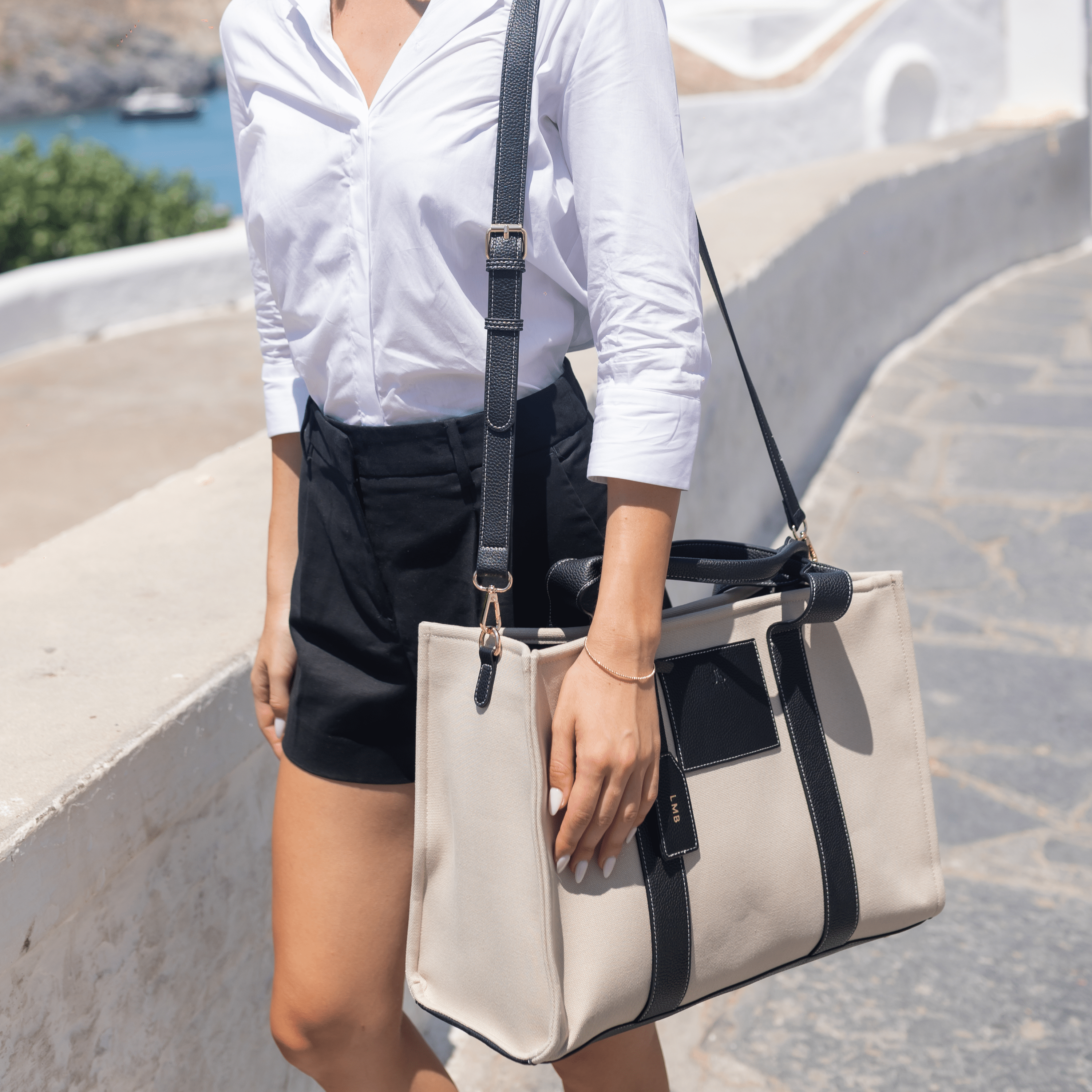 Porto Maxi Black luxe vegan leather and canvas tote bag
