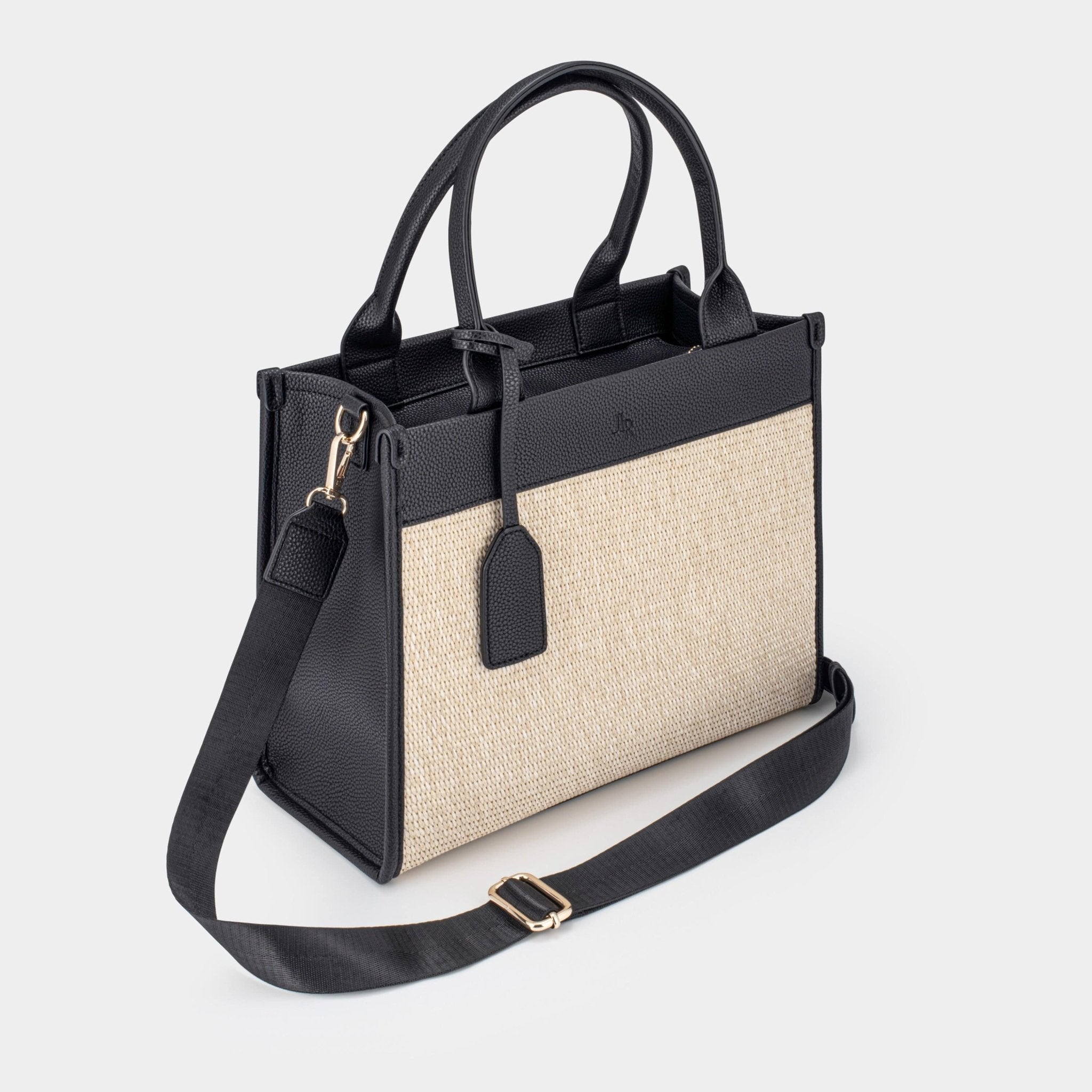 Capri Midi Black Luxe Vegan Leather And Raffia Tote Bag - Black - JLR London