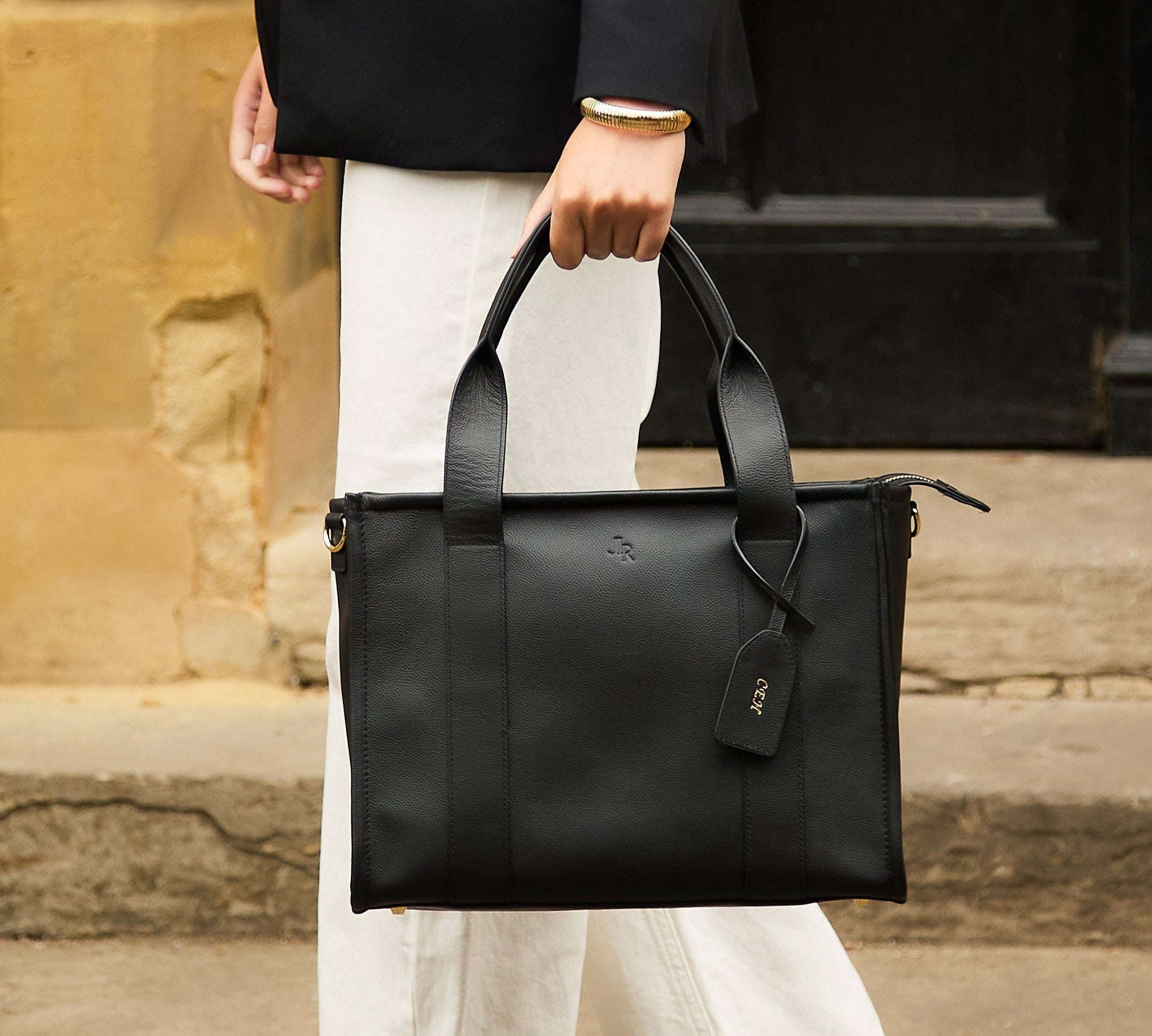 Medium Taylor Luxe Leather Tote Bag - Black - JLR London