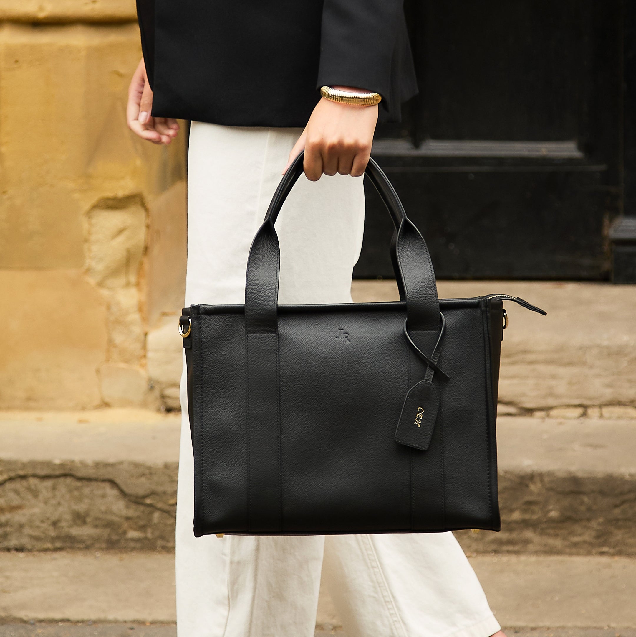 Medium Taylor Luxe Leather Tote Bag- Black