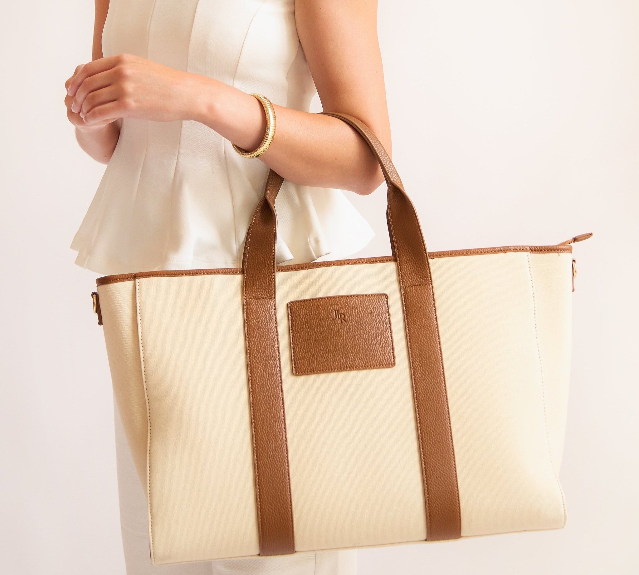 Santorini Maxi Tan Luxe Vegan Leather And Canvas Tote Bag - Tan - JLR London