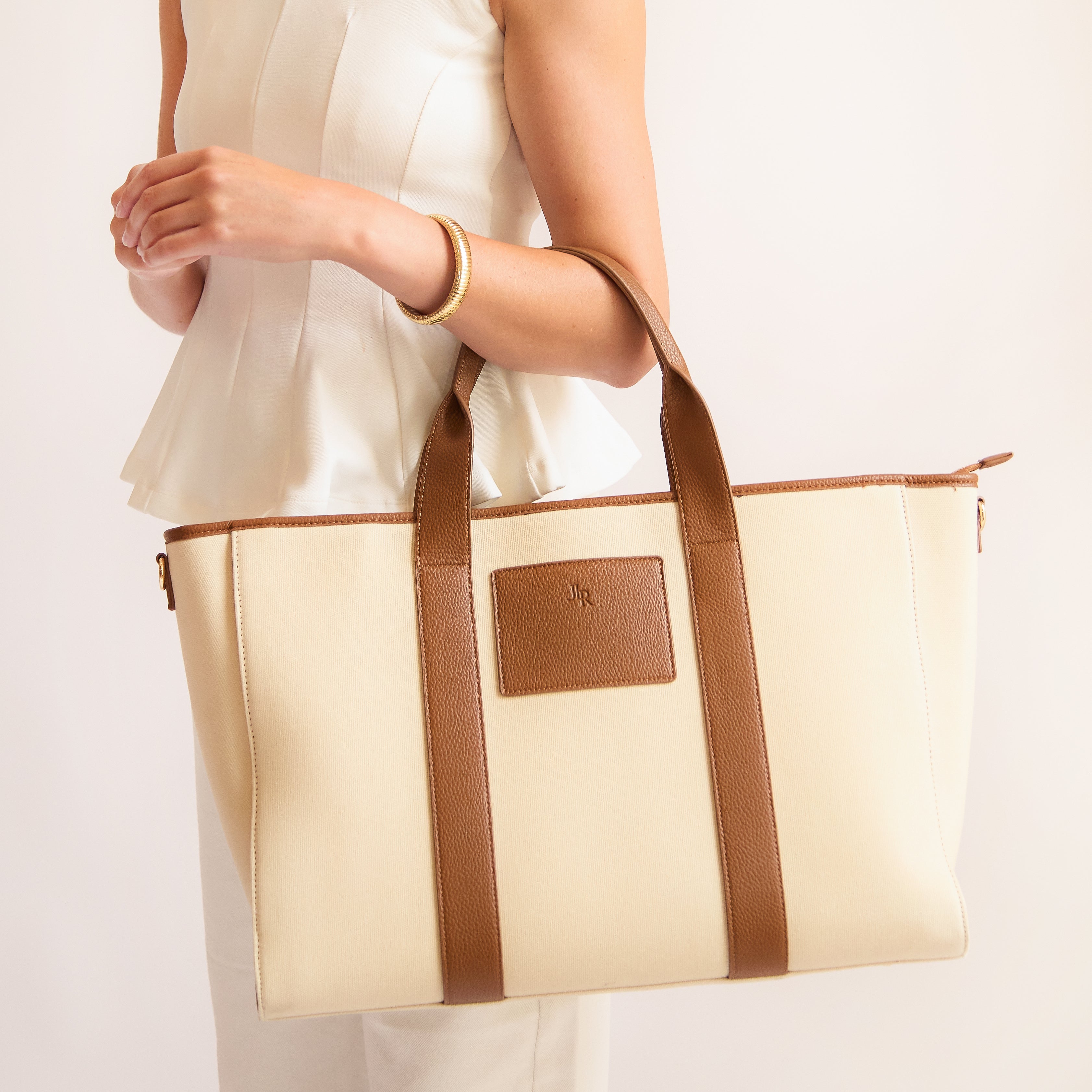 Santorini Maxi Tan Luxe Vegan Leather And Canvas Tote Bag - Tan