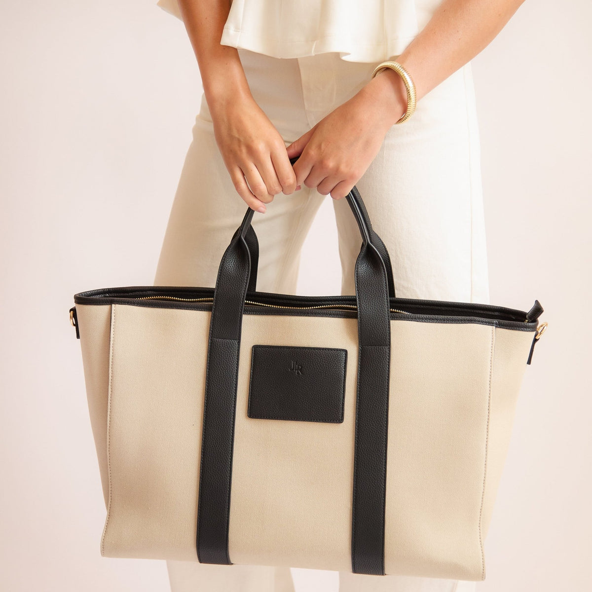 Santorini Maxi Luxe Vegan Leather And Canvas Tote Bag - Black - JLR London