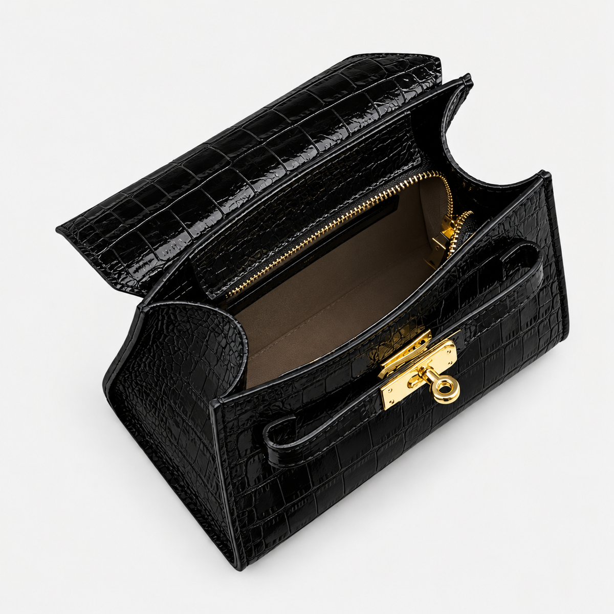 The Elena Top Handle Tote - Black Croc Leather