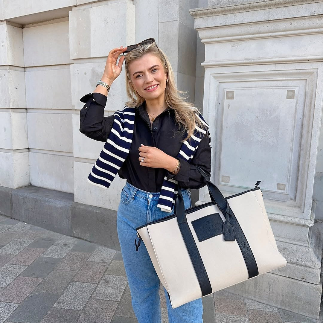 Santorini Maxi Black luxe vegan leather and canvas oversized tote bag