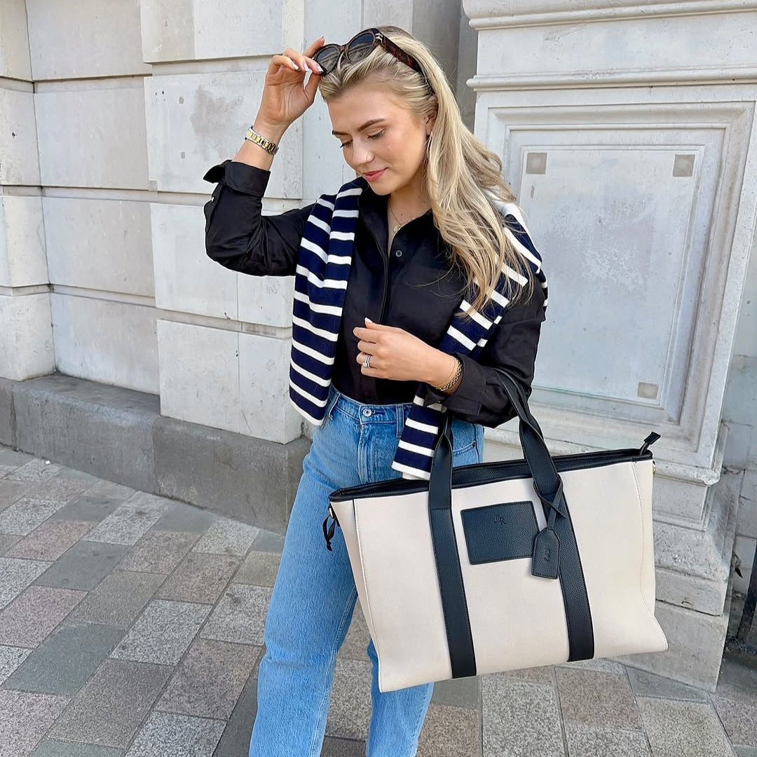Santorini Maxi Black luxe vegan leather and canvas oversized tote bag