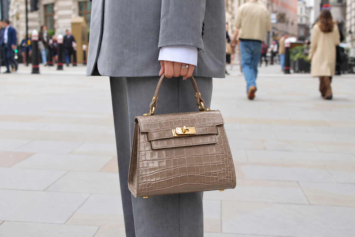 The Elena Top Handle Tote - Taupe Croc Leather