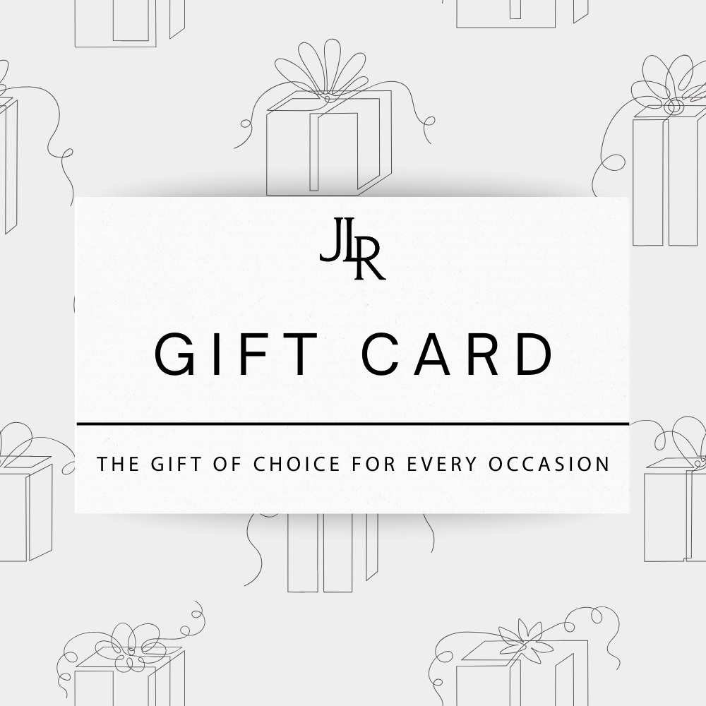 Gift card with JR logo and text on a white background with gift box patterns