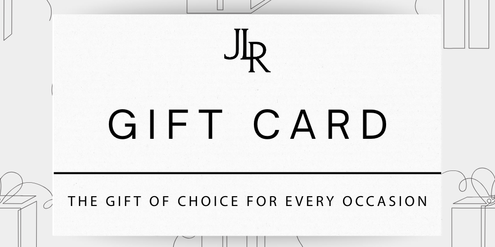Gift card with JR logo and text on a white background with gift box patterns