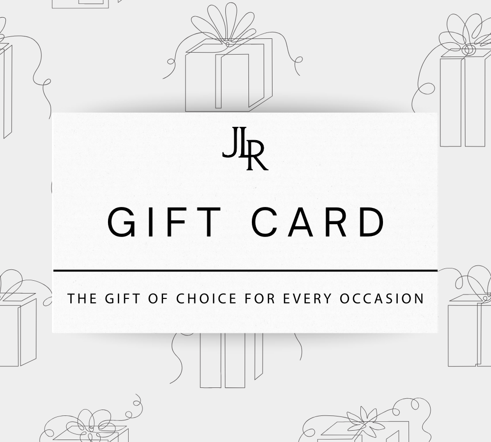 Gift card with JR logo and text on a white background with gift box patterns